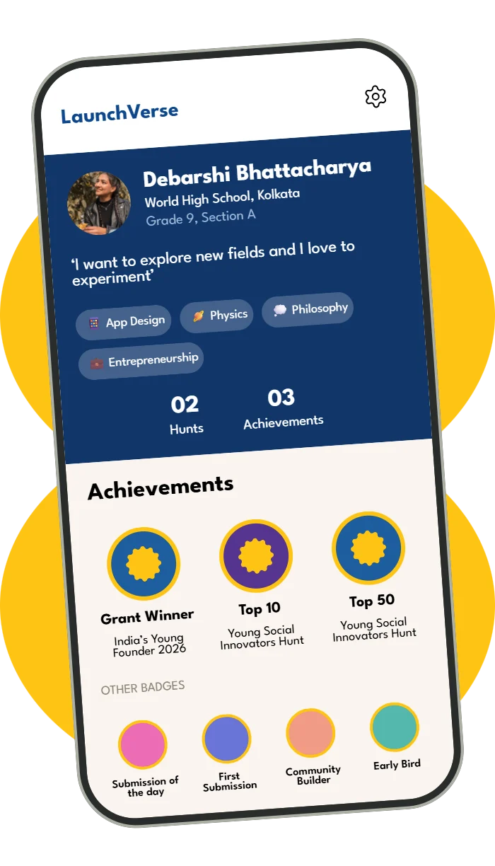 A LaunchVerse student profile showing hunts, achievements and badges